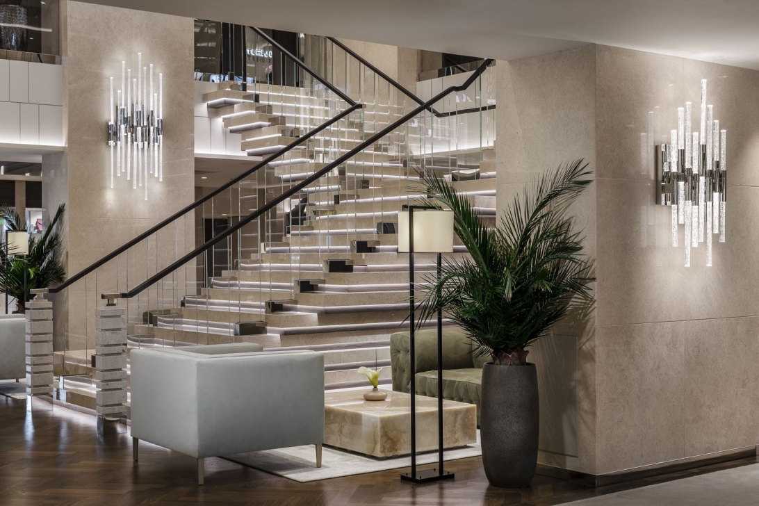 Staircase and crystal wall scones