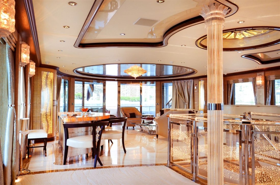 Yacht's dining room with crystal chandeliers