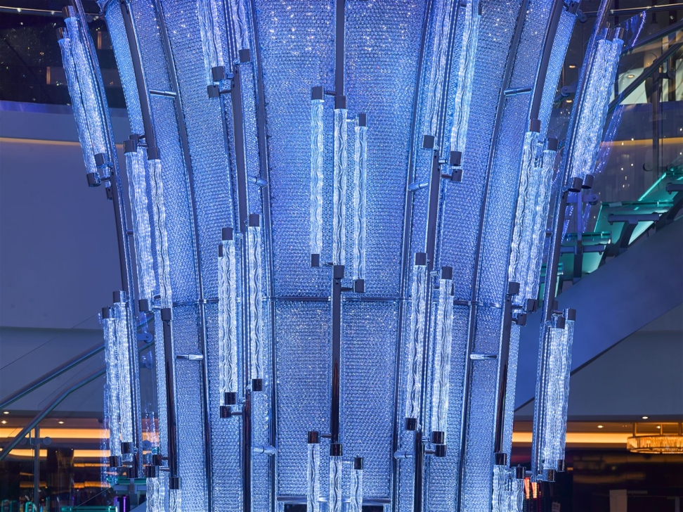 Detail of crystal luminaire in blue