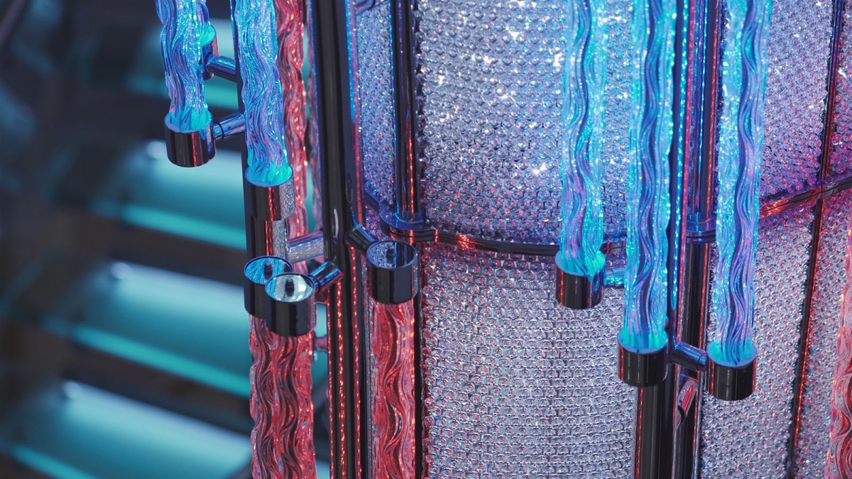 Detail of crystal luminaire in blue and red