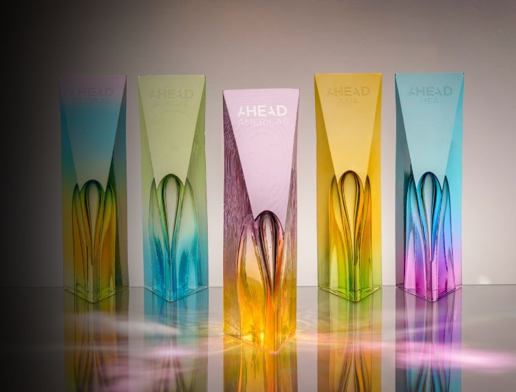 AHEAD Americas award trophies in vibrant colors showcasing the honored projects.