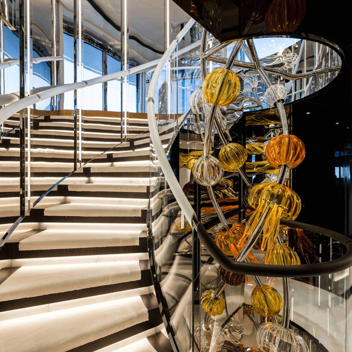 Staircase in the lobby of the yacht Resilience