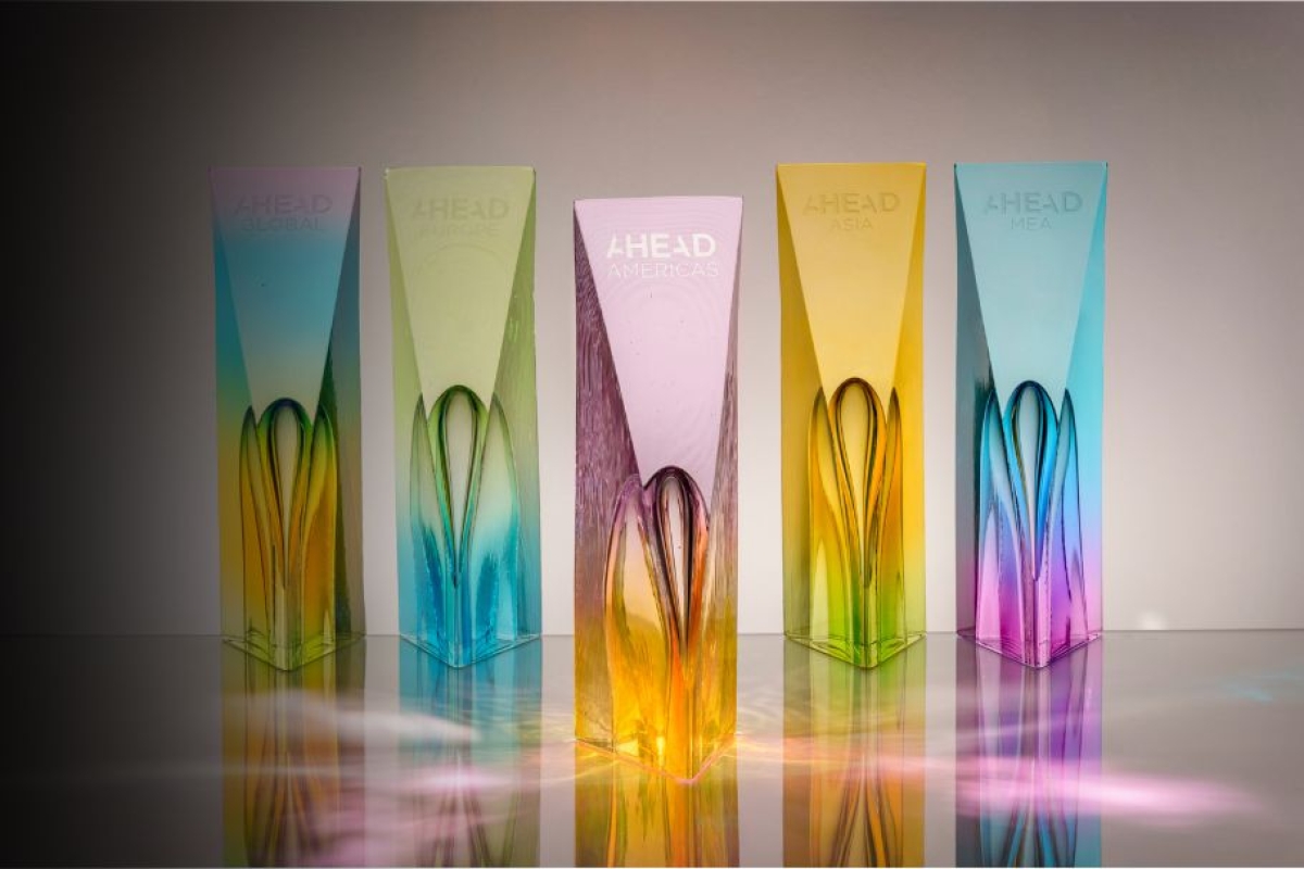 AHEAD Americas awards showcasing colorful trophies celebrating hospitality excellence.